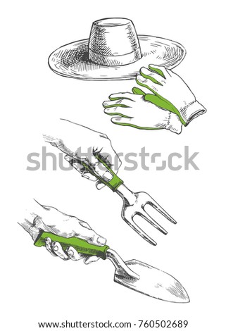 Vector hand drawn set of garden tools and clothes isolated on white. Equipment for planting job in sketch style