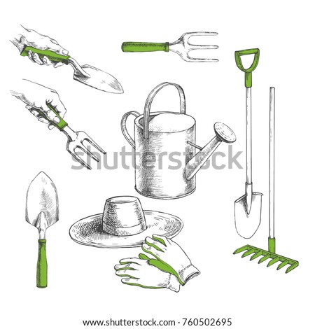 Vector hand drawn set with watering can, shovel, trowel, fork, rake, hat and gloves isolated on white. Garden tools and clothes in sketch style
