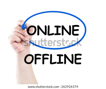 Online not offline concept made on transparent wipe board with a hand holding a marker