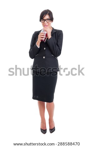 Full body of business woman drinking healthy juice from a cup to go