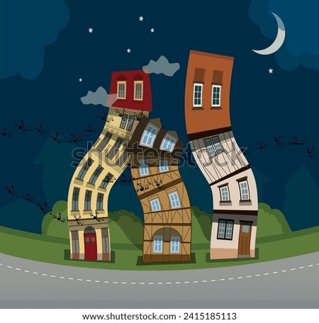 Three crooked houses stand on the edge of the road on a night street, the moon and stars are shining, musical notes are flying by. Vector illustration EPS10