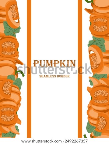 pumpkin seamless border, right and left, many ripe pumpkins lie in a vertical stripe. vector illustration, banner with whole mature pumpkins and pieces in cartoon style