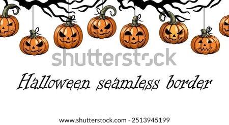 seamless Halloween border, background, stripe. vector illustration of a repeating pattern with lots of grinning pumpkins hanging from the gnarled branches of a tree. isolated on a white background