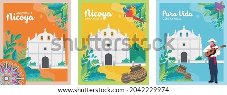 VECTORIAL BANNERS, POSTERS. Annexation of the Nicoya Party, Anexion a Nicoya, Iglesia de San Blas, Costa Rica Independence day, tourism, national symbols, folklore, cultural events, ox cart wheel