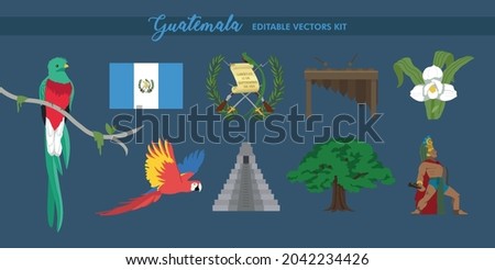 VECTORS. Guatemala National Symbols, culture, heroe, Coat of Arms, marimba, Monja Blanca flower, quetzal, ceiba tree, Tecún Umán, Tikal Mayan Pyramid, Templo del Gran Jaguar, scarlet macaw, flag