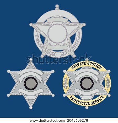 VECTORS. Five point Sheriff Star and Six point Sheriff Stars Badges, silver, gray, deputy, sergeant, pin