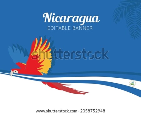 VECTORS. Nicaragua Banner with a Scarlet macaw and flag, coat of arms (lapa, Ara macao, Guacamaya roja)