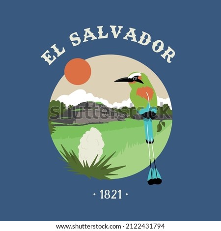 VECTORS. El Salvador, torogoz bird, turquoise-browed motmot, nature, fauna, national symbols, national flower, patriotic, travel, tourism