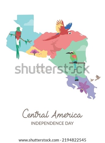 VECTORS. Editable banner for Central America Independence day, September 15. Central America map, nature, national symbols, landscape, Guatemala, Honduras, El Salvador, Nicaragua, Costa Rica