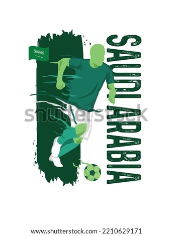 VECTOR. Poster for the Saudi Arabia football team, soccer player, uniform, flag