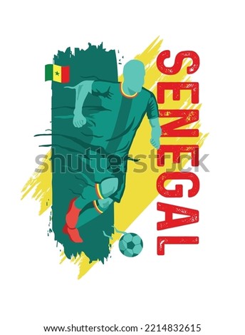 VECTOR. Editable poster for the Senegal football team, soccer player, uniform, flag
