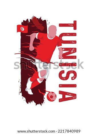 VECTORS. Editable poster for the Tunisia football team, soccer player, uniform, flag