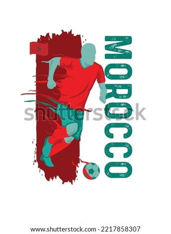 VECTORS. Editable poster for the Morocco football team, soccer player, uniform, flag