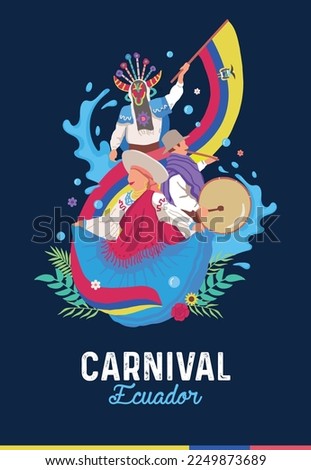 VECTORS. Editable poster for the Parade or Carnival in Ecuador. February, celebration, traditional dress and clothing, foam, flowers, flag