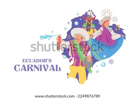 VECTORS. Editable poster for the Parade or Carnival in Ecuador. February, celebration, traditional dress and clothing, foam, map