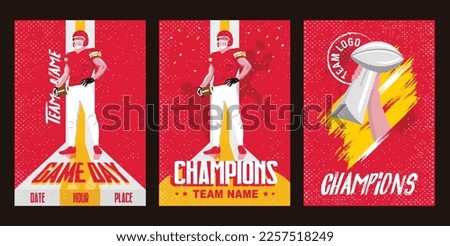 VECTORS. Poster templates for an American Football Team. Uniform colors: Red, yellow, white. Game Day, Super Bowl, Champions, trophy, winners, invitation, flyer, ad, watch party, social media kit