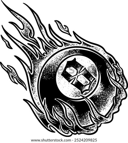 A dynamic vector illustration of an 8-ball with flames surrounding it. Perfect for t-shirt designs, emblems, or logos, giving a bold and energetic look with a classic billiards theme