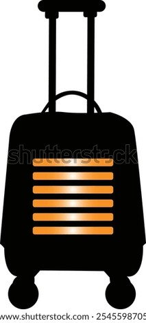 Minimalist vector illustration of a rolling suitcase with orange accents on black, featuring wheels and an extended handle. Ideal for travel and luggage concepts