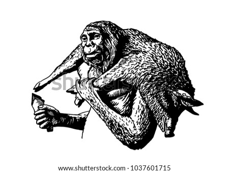 Sketch of caveman with wild hog isolated on white background,vector