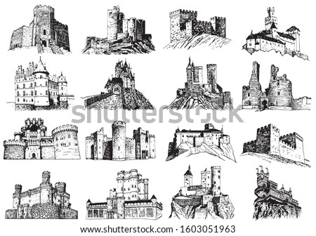 Graphical set of medieval  castles isolated on white background,vector illustration