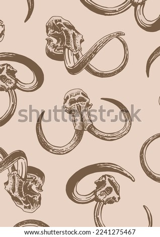 Graphical vertical vinage pattern with skull of mammoth on sepia background. Vector wallpaper paleontology