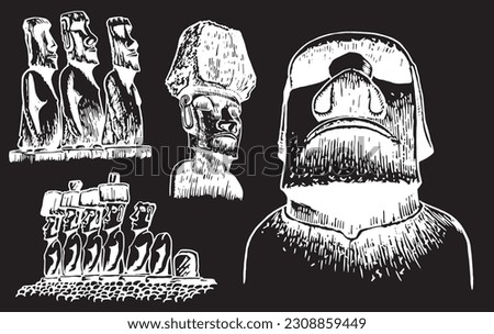 Graphical big set of moai statues isolated on black background, vector elements. Archeological artifacts 