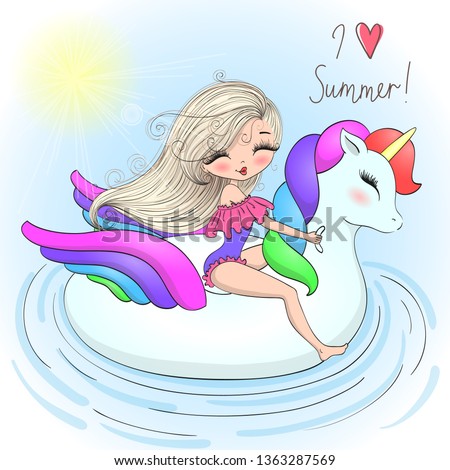 Hand drawn beautiful cute summer girls with big inflatable unicorn. Vector illustration. 