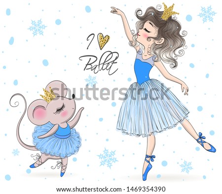 Hand drawn beautiful, lovely, little mouse and ballerina girl with crown on her heads. Vector illustration.