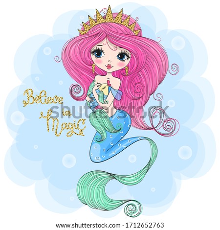 Hand drawn cute little mermaid girl with fish in her hands. Vector illustration.