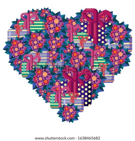 Cute flat vector valentine's day postcard. Heart filled with gift boxes and flowers. Gifts and flowers in the shape of a heart. Heart frame on a white background.