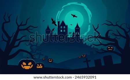 halloween background with spooky pumpkins, full moon, graveyard, and castle