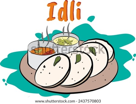 Idli Sambar - vector illustration with coconut chutney