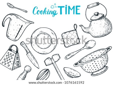 Kitchen utensils hand drawn vector illustration. Cooking time sketch collection.   Different kitchen utensils set.