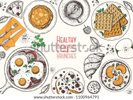 Breakfasts top view frame. Morning food menu design. Breakfast and brunches dishes collection. Vintage hand drawn sketch, vector illustration. Vintage style.