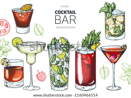 Alcoholic cocktails hand drawn vector illustration. Cocktails set. Menu design elements.Negroni, margarita, mojito, bloody mary, manhattan, mint julep.
