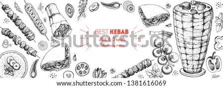 Doner kebab cooking and ingredients for kebab, sketch illustration. Arabic cuisine frame. Fast food menu design elements. Shawarma hand drawn frame. Middle eastern food. 