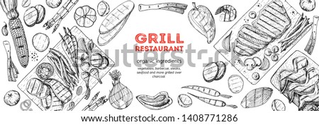 Grilled meat and vegetables top view frame. Vector illustration. Engraved design. Hand drawn illustration. Grill restaurant menu design template. Food on the grill. 