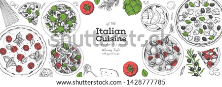 Pizza, pasta and ravioli cooking and ingredients for pizza, pasta and ravioli , sketch illustration. Italian cuisine frame. Food menu design elements. Pizza and pasta hand drawn frame. Italian food.