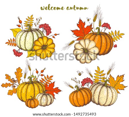 Illustration of a redhead girl in an autumn landscape with mushrooms orange-red leaves and pumpkins Hello October