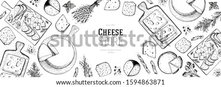 Cheese hand drawn illustration, top view frame. Food design template. Package pattern. Vector illustration with a collection of cheese. Engraved style image. Dairy farm products cheese.