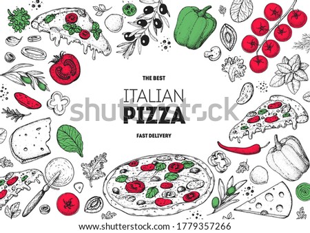 Italian pizza and ingredients. Italian food menu design template. Pizzeria menu design template. Vintage hand drawn sketch vector illustration. Engraved image.