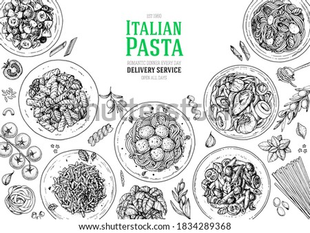 Italian Pasta frame. Hand drawn vector illustration. Italian Pasta top view. Food design template. Farfalle, Penne and Spaghetti illustration. Classic italian cuisine. Engraved style. NEW 2020