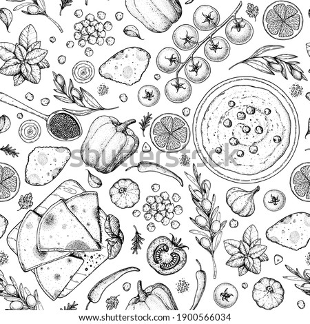 Hummus cooking and ingredients for hummus, sketch illustration. Seamless pattern Middle eastern cuisine frame. Healthy food, design elements. Hand drawn, package design. Mediterranean food. Vegan menu