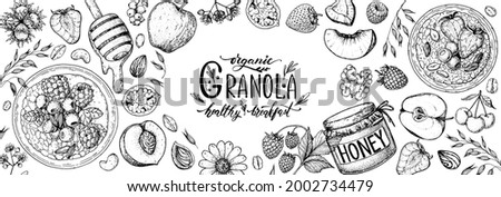 Granola ingredients illustration. Oat flakes , berries, fruits and nuts hand drawn sketch. Granola Breakfast top view frame. Muesli food menu design. Hand drawn vector illustration. Granola design
