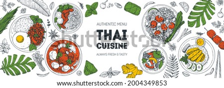 Thai food top view vector illustration. Food menu design template. Hand drawn sketch. Thai food menu. Vintage style. Pad thai, khao man gai, thai noodle soup, pad krapow gai, massaman curry.