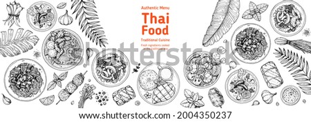 Thai food top view vector illustration. Food menu design template. Hand drawn sketch. Thai food menu. Vintage style. Tom yum, som tam, noodle soup, tom kha gai, mango stiky rice.