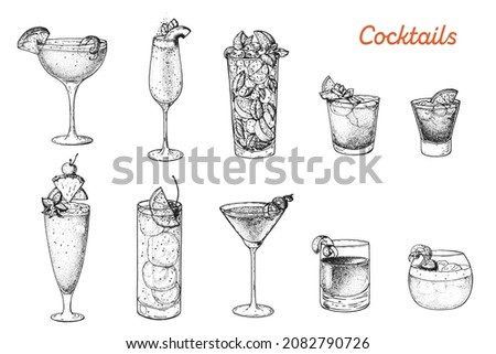 Alcoholic cocktails hand drawn vector illustration. Cocktails sketch set. Engraved style. Sidecar, bellini, mojito, mai tai, negroni, singapore sling, tom collins, cosmopolitan, sazerac whisky sour