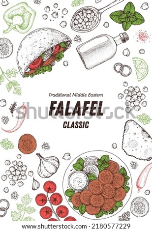 Falafel and ingredients for falafel, sketch drawing illustration. Middle eastern cuisine frame. Fast food, design elements. Hand drawn, menu and package design. Vegan food