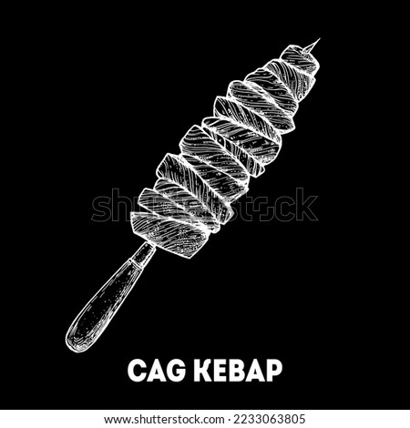 Cag Kebab sketch, Turkish food. Hand drawn vector illustration. Turkish street food. Sketch style. Top view. Vintage vector illustration.