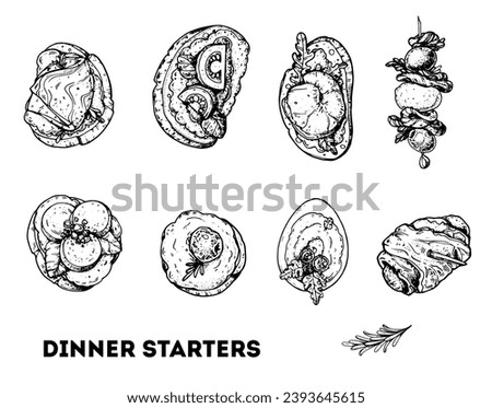 Finger food set. Hand drawn sketch.  Vector illustration. Brushetta set. Dinner starters. Variety of small sandwiches. Snack collection.